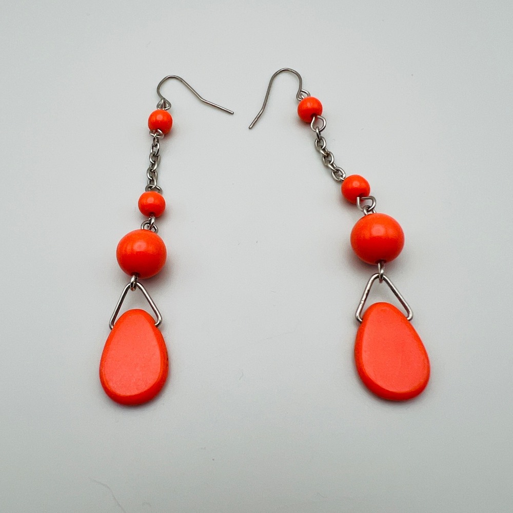 Orange Beaded Dangle Drop Earrings Neon Acrylic Silver Tone‎ Statement Boho